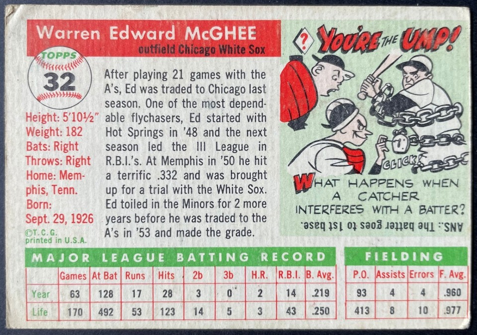 1955 Topps Baseball #32 Ed McGhee Chicago White Sox Vintage MLB Card | eBay