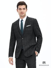 Banana Republic BR Monogram Plaid Italian Wool Suit Jacket,Dark charcoal SZ 44R