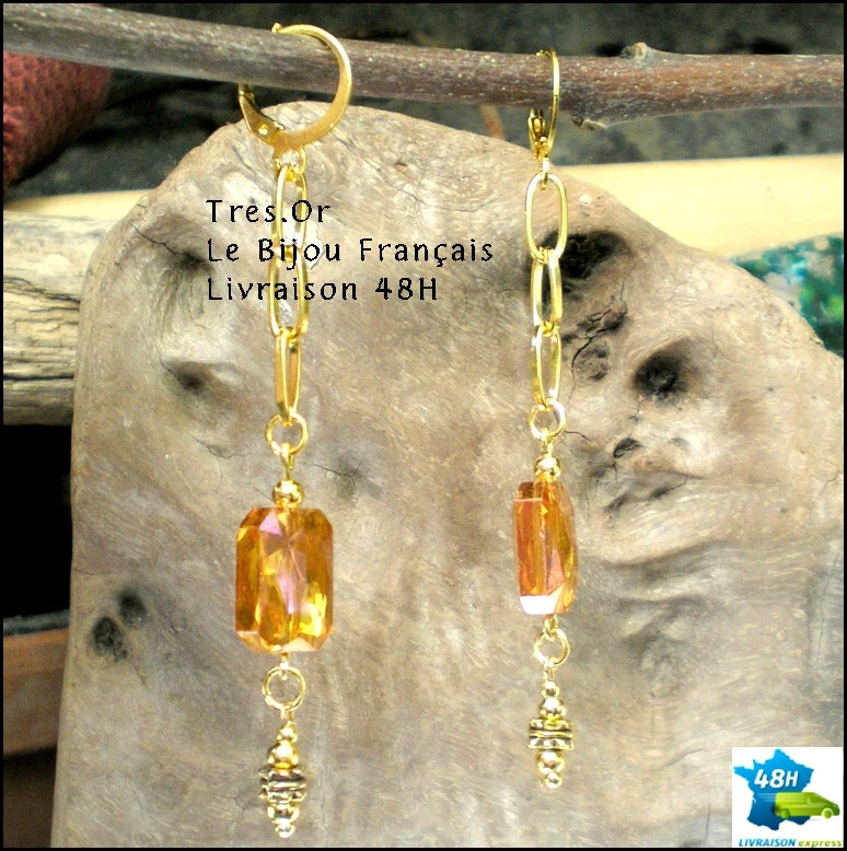 Boucles d'Oreille Cristal de Bohême Chaînes Ton Or Neuves Livrée à Domicile 48H! - Photo 4/4
