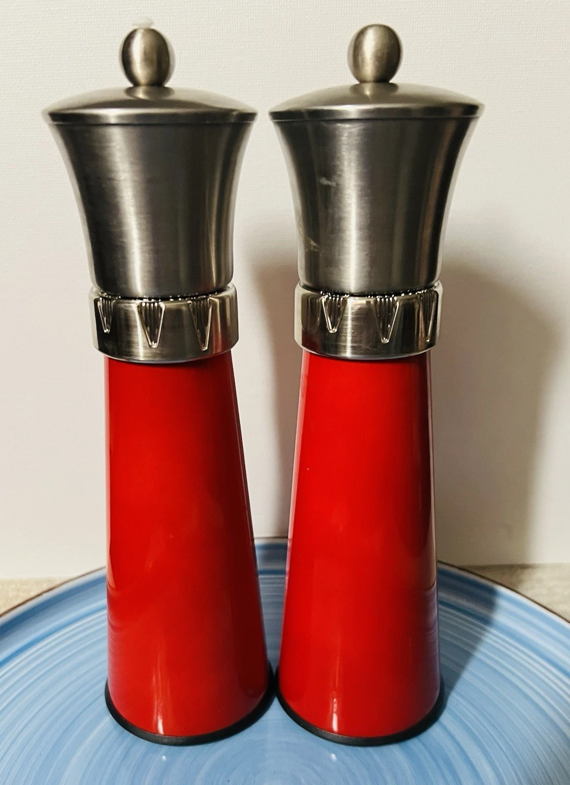 Vintage Ceramic Grinding Salt And Paper Mill. Red/Stainless Body