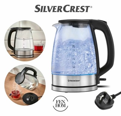 Silvercrest 1,7 l Glas Wasserkocher mit blauem LED-Ringlicht - Schwarz & Chrom 