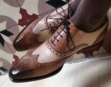 Handcrafted New Men's Two Tone Leather Oxford Wingtip Brogue Lace Up Dress Shoes