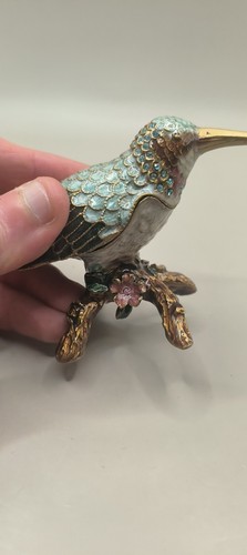Vintage Champlevé Enamel Kingfisher Bird - Trinket / Pill Jewellery Box - Picture 3 of 7