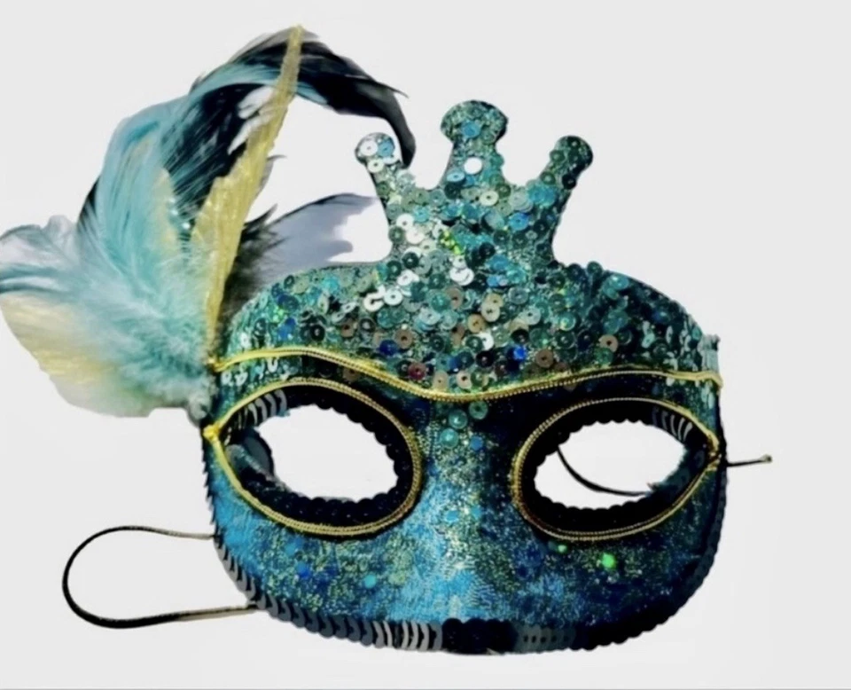 VINTAGE Mardi Gras Sequins & Feathers Masquerade Eye Mask [Turquoise Blue] - Image 2 of 4