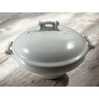 White Ironstone China Tureen or Covered Serving Dish with Handles and Lid Round