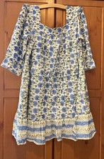 Pink Lemons White Blue Floral Cotton Puff Sleeve Drawstring Waist Dress XL/XXL