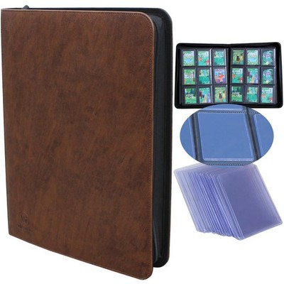 Elegant Brown Leather 9-Pocket Toploader Binder, Holds 324 Top loader, 9-Pock...