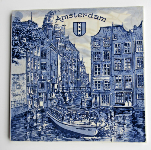 Vtg Delftware Ceramic Wall Tile Trivet Amsterdam Canal and Buildings 6" X 6"