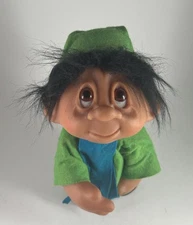 Vintage 1982 Thomas DAM Troll Doll 10" Black Hair Green Coat & Hat Denmark 243