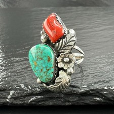 Turquoise Coral Native American Ring Sterling Silver Size 6 3/4