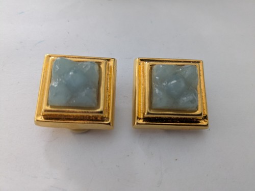 Vintage ESCADA Clip On Goldtone Square Earrings w Green Stones