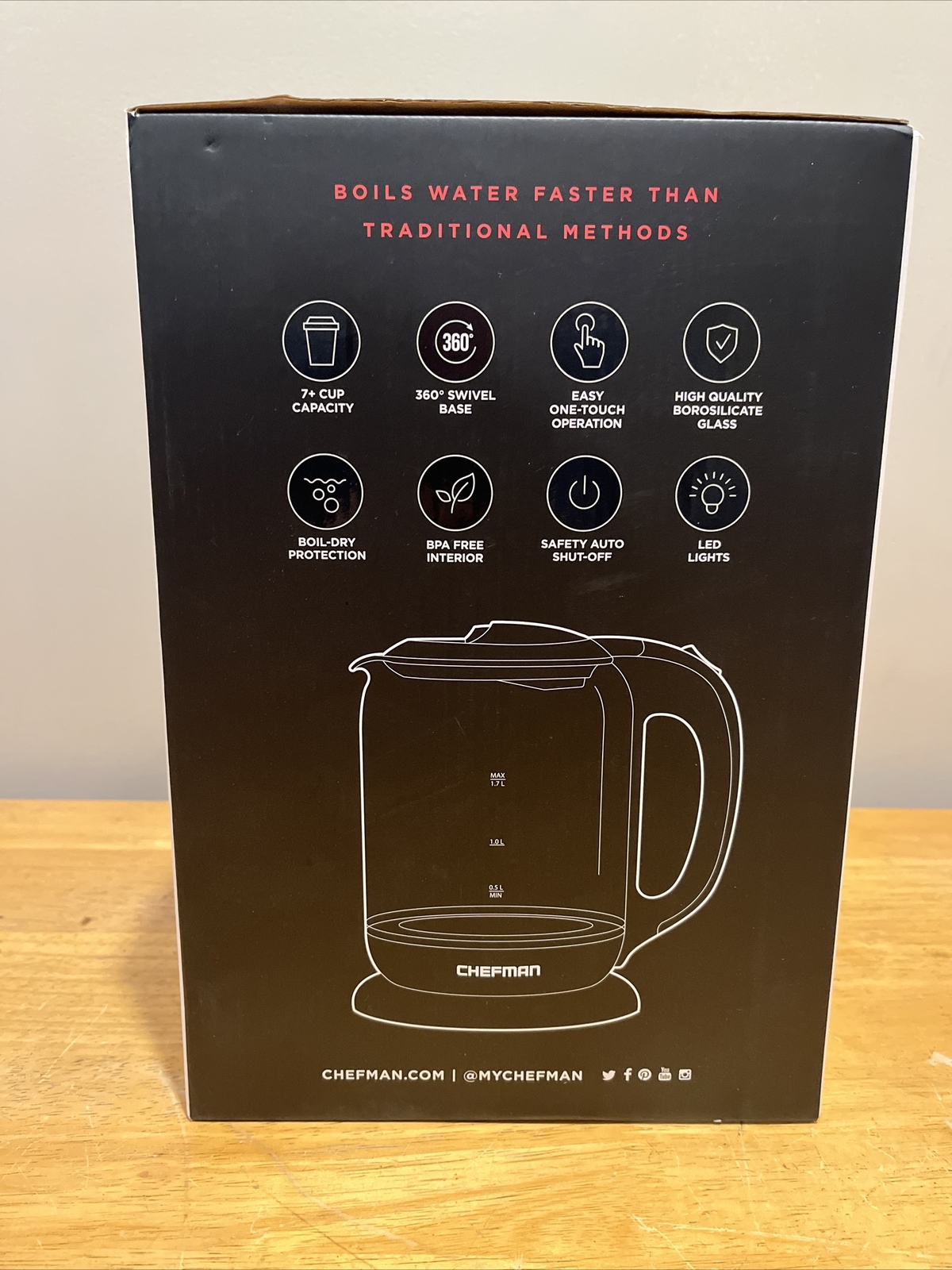 Chefman 1.7 Liter Electric Glass Tea Kettle with LED Boil Lights, Clear/Black