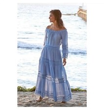 Soft Surroundings Emma Linen Crocheted Tiered  Maxi Dress Size Petite Large