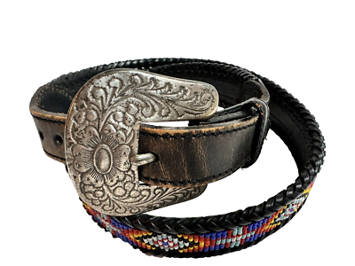 Vtg Beaded Belt Western Black Southwestern Womens Silver 