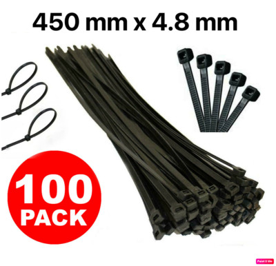 100 GROSSE SCHWARZE KABELBINDER 450 mm x 4,8 mm NYLON KUNSTSTOFF STRAPAZIERFÄHIG ZIP TIE WICKLUNGEN