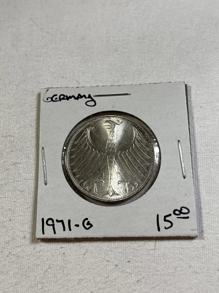 Moneda de plata de 5 marcos Alemania 1971-G limpia Foto 2 de 4