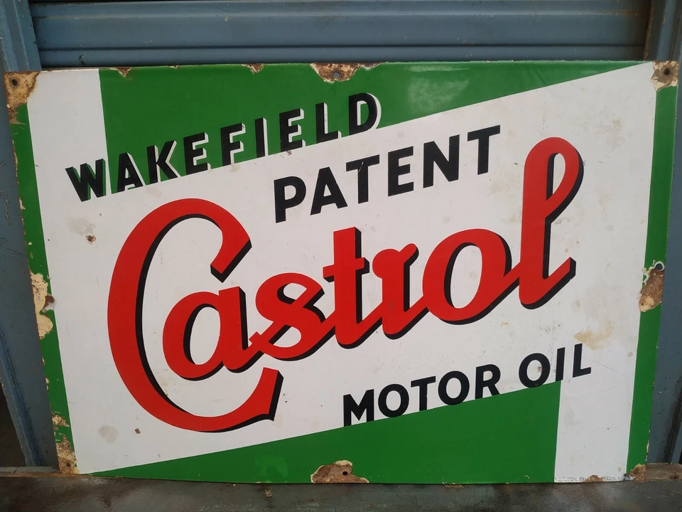 VINTAGE ORIGINAL CASTROL MOTOR OIL WAKEFIELD PATENT PORCELAIN ENAMEL AD SIGN # - Image 3 of 4