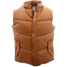 Men's Leather Front Flap Covered Pocket Puffer Waistcoat Body Warmer Tan Dr146
