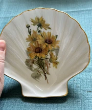 Limoges France Porcelain Shell  Trinket Dish Yellow Flowers And Gold Rim, VTG