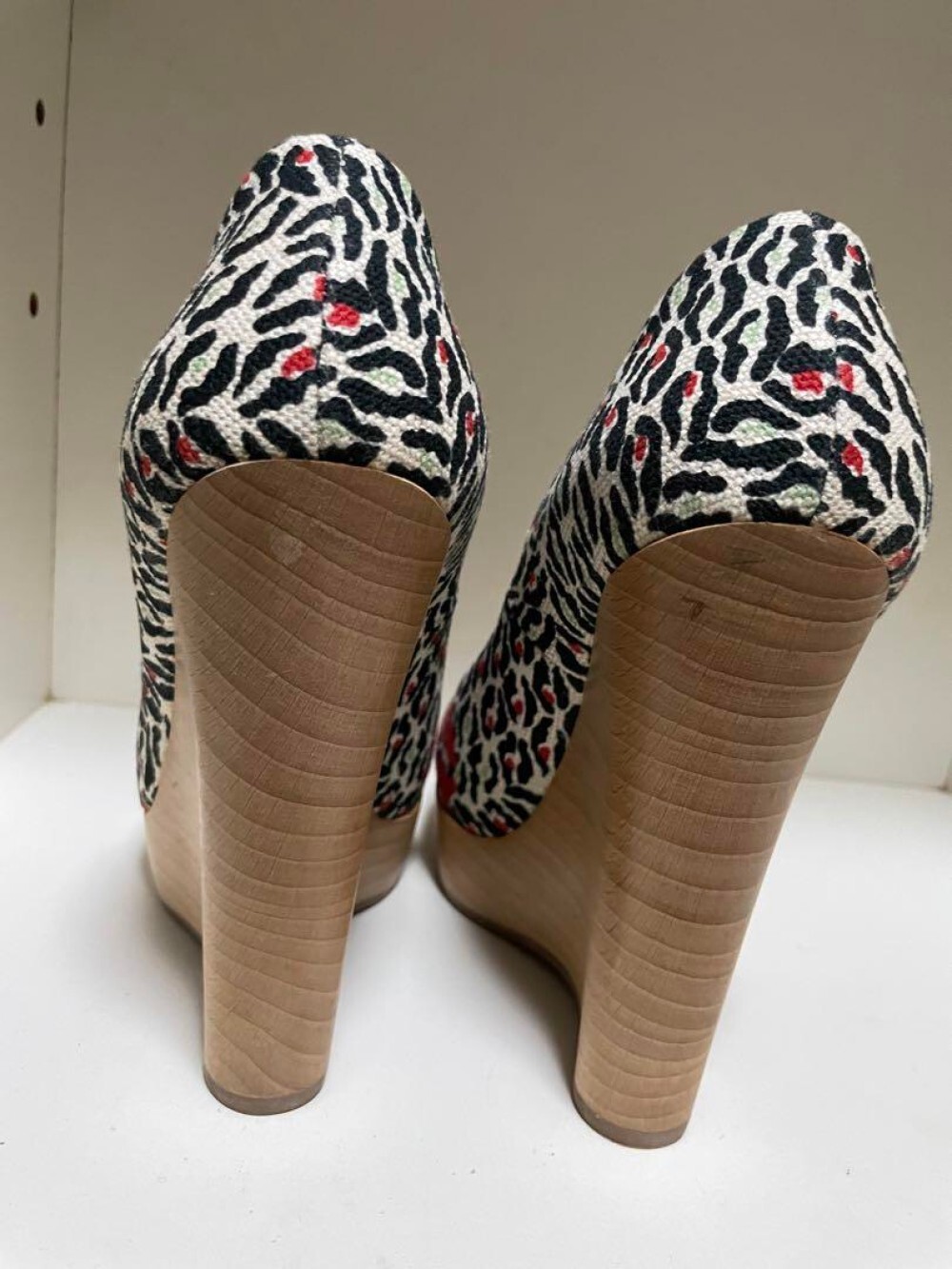 Decolte donna YSL Yves Saint Laurent stampa leopardata tela zeppa tacco taglia 35 US5