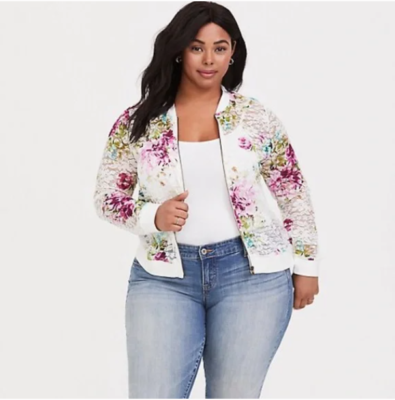 じゅん Torrid White &Pink Floral Lace Bomber Jacket Spring Summer Casual