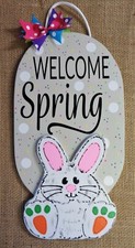WELCOME SPRING Easter Bunny Carrot Sign Wood Plaque Taupe Hand Crafted Door Wall