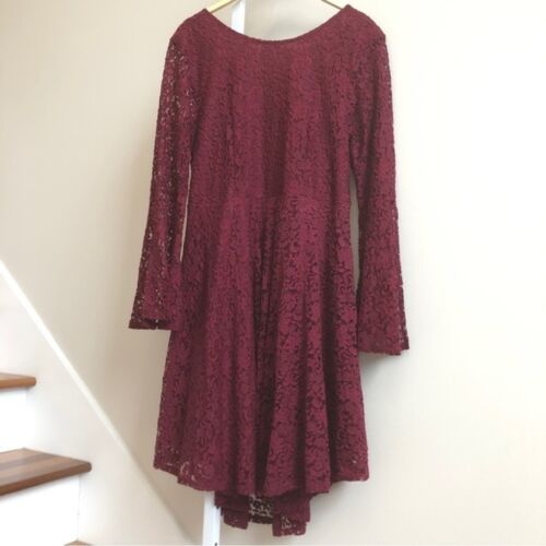 Ultra Pink Maroon Lace Dress Size 1X Bell Sleeve Plus Size High Low Open Back - Picture 1 of 10