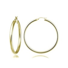Gold Tone over Sterling Silver 3mm High Polished Round Hoop Earrings, 35mm