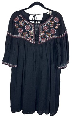 NWT Mi ami Sz M Black Boho Mini Tunic Dress Embroidered Flutter Sleeve Flowy