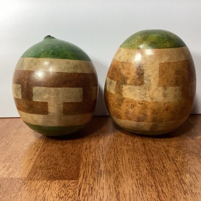 Decorative 2 Handpainted Hollow Gourds Earth Tones Brown Tan Green