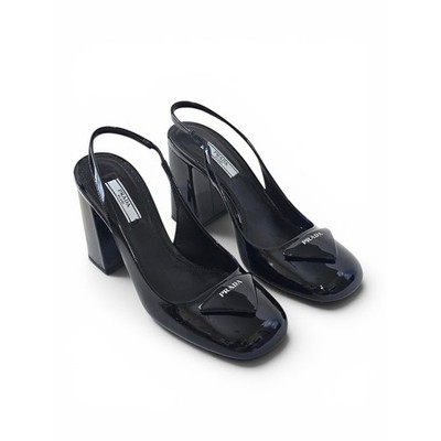 Prada Black Patent Leather Slingback Block Heel Pumps Triangle Logo IT 38 US 8