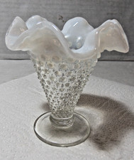 Vintage Fenton Fluted Rim Hobnail Taper Vase Opalescent White To Clear 4" Tall