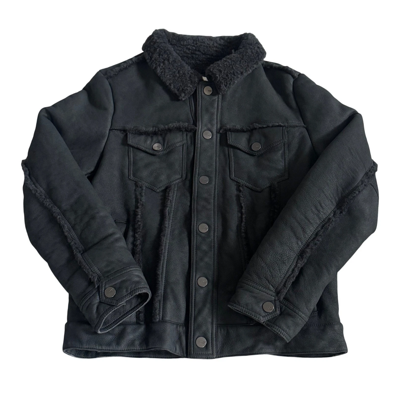 UGG Clint Men's Black Suede Lambskin Leather Shearling Trucker Jacket Coat M - product detail image 4