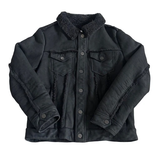 UGG Clint Men's Black Suede Lambskin Leather Shearling Trucker Jacket Coat M image 4