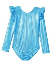 Long Sleeve Leotards for Girls with Ruffle 4D Stretch 8-9 Years Shiny Blue