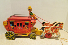Fisher Price vintage Wooden Stage Coach Gold Star Line Pull toy #175 - mid 1950s