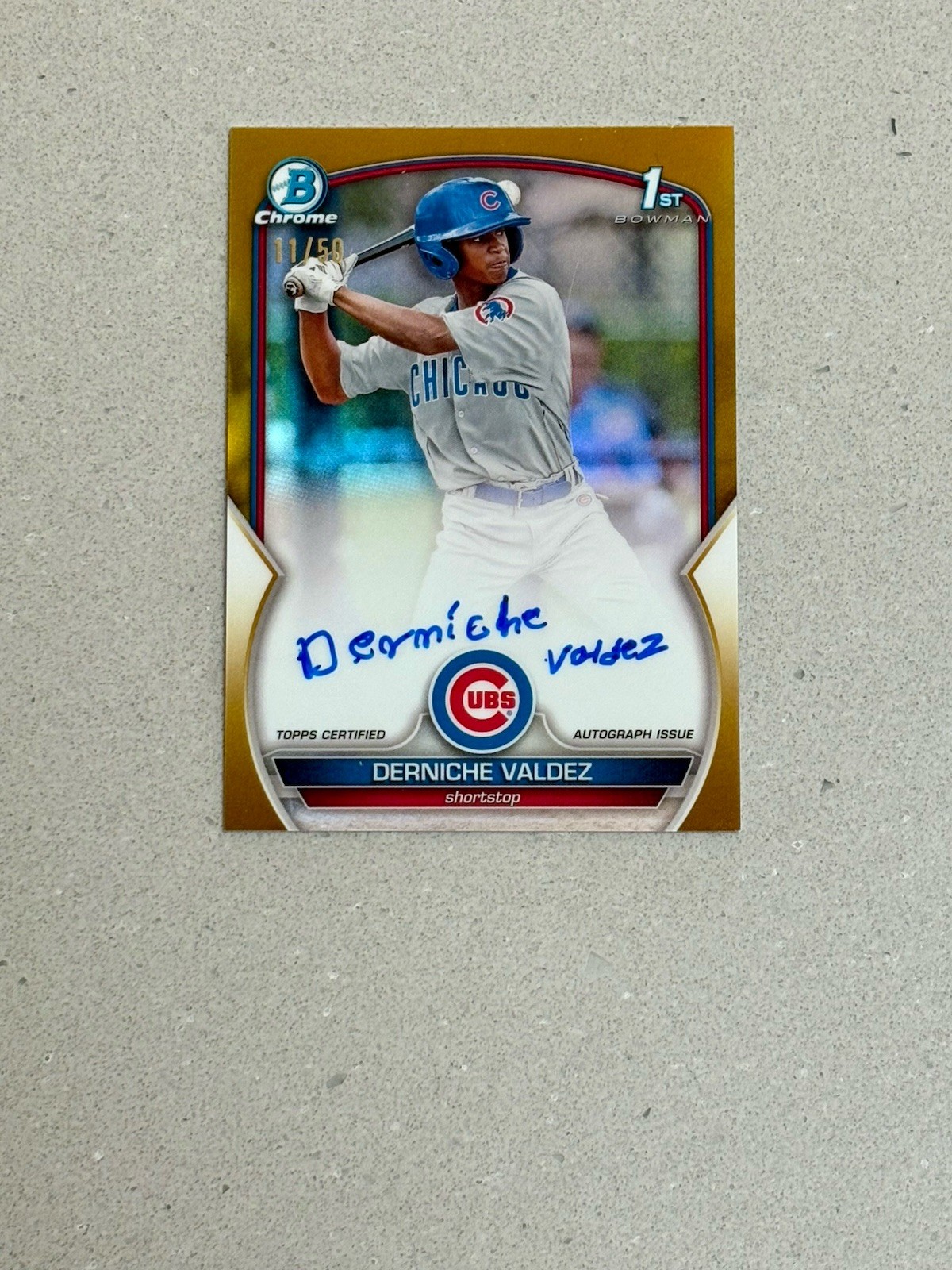2023 Bowman Derniche Valdez Chrome Auto Gold Refractor 1st Prospect 11/50 Cubs