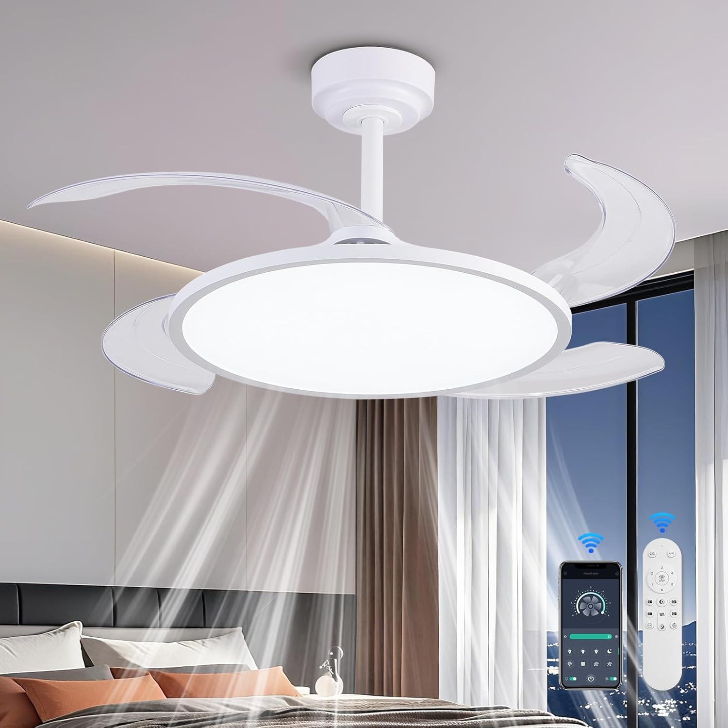 42'' Low Profile Ceiling Fan with Light White Retractable Re