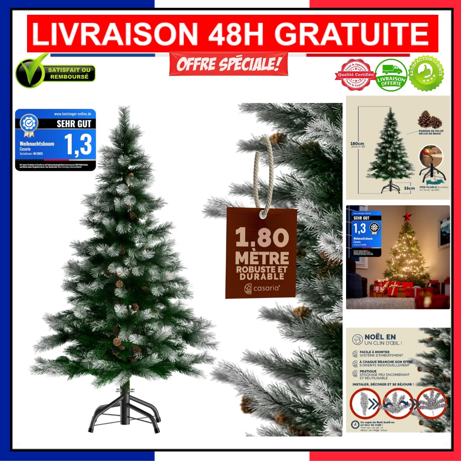 Sapin de Noël artificiel CASARIA 180 cm avec 810 branches et support en métal stable