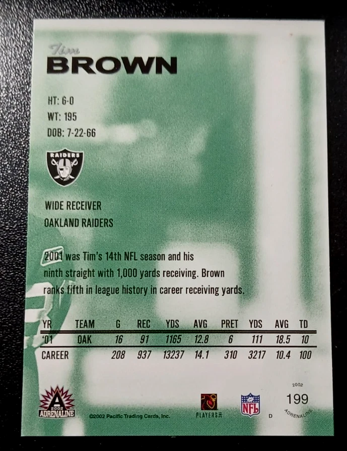 2002 PACIFIC ADRENALINE RED #199 - TIM BROWN - OAKLAND RAIDERS CARD - Image 2 of 2