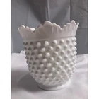 Vintage White Milk Glass Hobnail Scalloped Rim Vase Planter Mid Century