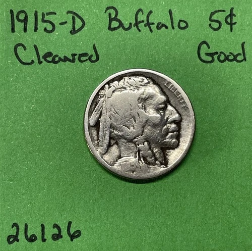 1915 D Buffalo Nickel 5c Good Cleaned Semi-Key Date Five Cent Coin