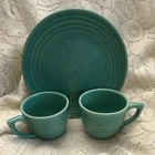 Set vintage Bauer Pottery Green Ceramic Plate Glossy Finish 2 Bauer tea cups
