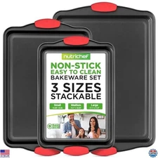 NutriChef NCSBS3S 3-Piece Nonstick Baking Pan Set with Red Silicone Handles