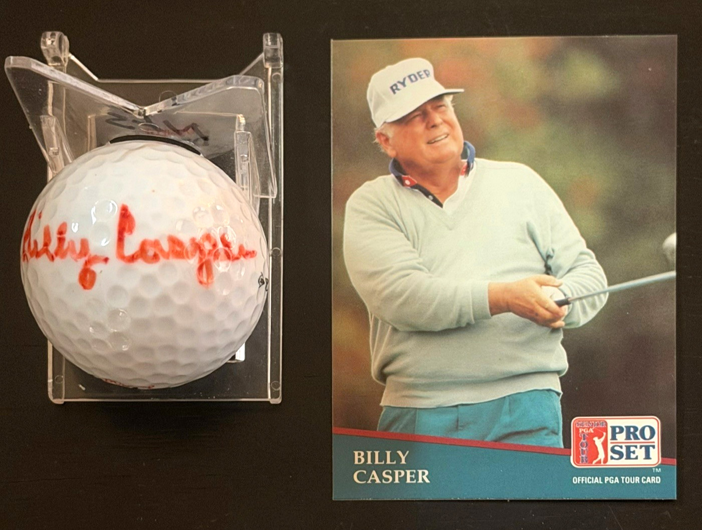 BILLY CASPER SIGNED AUTOGRAPHED GOLF BALL WITH ROOKIE CARD HALL OF FAME