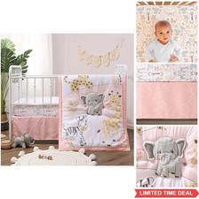 3 Piece Baby Crib Bedding Set Pink Safari Fitted Sheet Quilt Skirt Girls