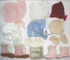 Lot of 11 Vtg Bonnets  Booties/Shoes for Babies or Large Dolls: Ruffles, Knit