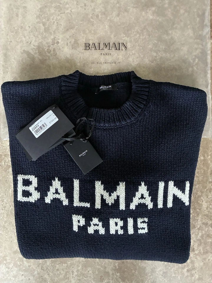 Balmain Paris Intarsia Wool Blue Jumper Size L, RRP £720+ briefly worn only once - Image 3 of 4