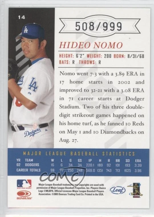 2003 Leaf Limited /999 Hideo Nomo #14 - Image 2 of 2