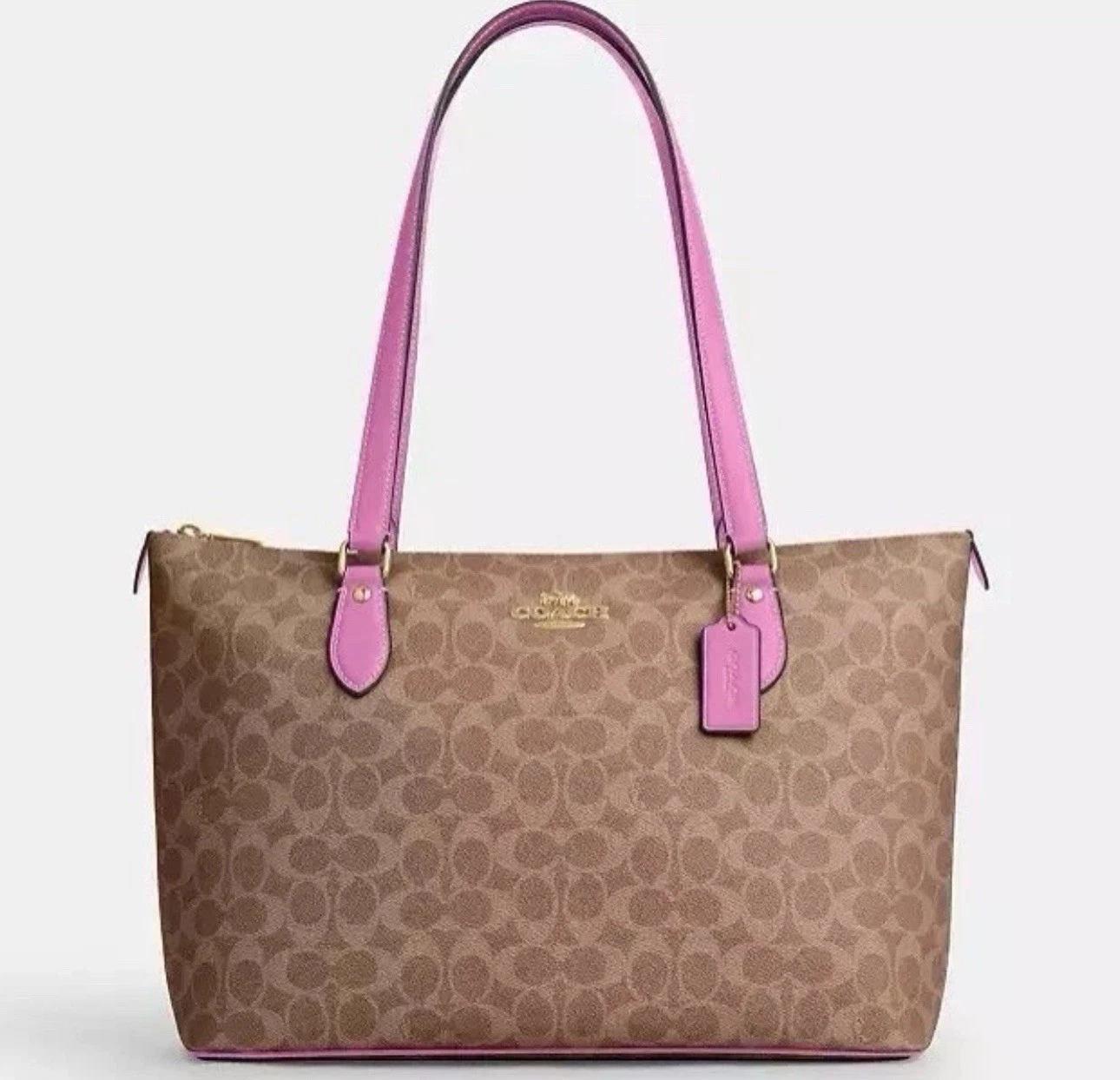 Borsa Coach Cw381 Gallery nuova con etichette in tela e pelle firmata oro marrone fucsia